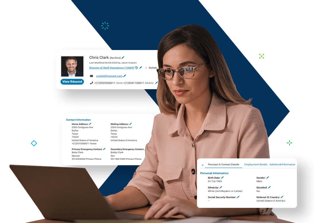HR manager reviewing employee profile in Deltek core HR software dashboard on laptop.